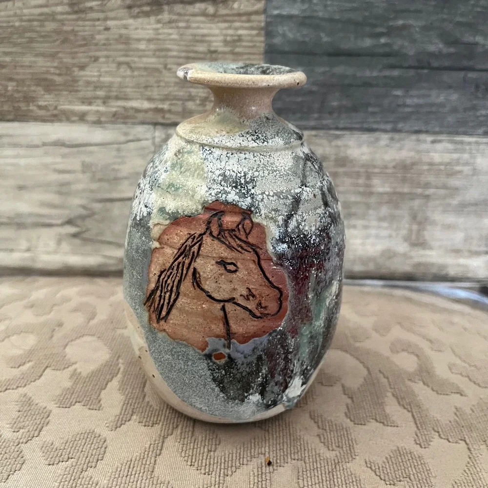 Studio Pottery Horse Bud Vase Handcrafted Raku Glaze Signed Artisan Stoneware